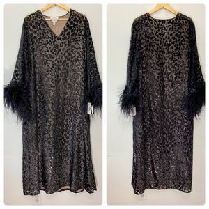 Black Sequin Leopard Sleep Caftan with Feather Cuffs
